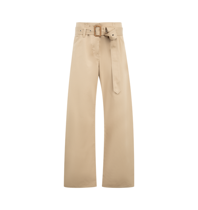 Image 1 of 3 - NEUTRAL - Acne Studios Womens Twill Trousers are crafted from classic cotton twill. Feature a regular fit, five-pocket construction, matching adjustable belt with leather-covered buckle, leather logo patch at the back waist, and belt loops. Main Material: 99% Cotton, 1% Elastane; Patch: 100% Cow Leather. Made with organically grown cotton. 