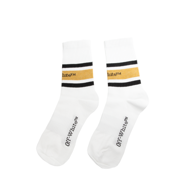 Image 2 of 2 - WHITE - OFF-WHITE Stripes Logo Socks featuring calf-high knit stretch, jacquard logo at rib knit cuffs and jacquard logo at sole. 70% cotton, 27% polyamide, 3% elastane. Made in Italy. 