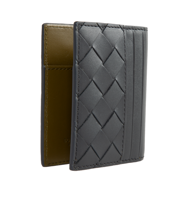 Image 3 of 3 - BLACK - BOTTEGA VENETA Intrecciato Bill Wallet featuring intrecciato calfskin leather wallet with contrasted interior, six external card slots and two internal flaps to hold bills and receipts. 3.5" x 3.9" x 0.2". Calfskin. 