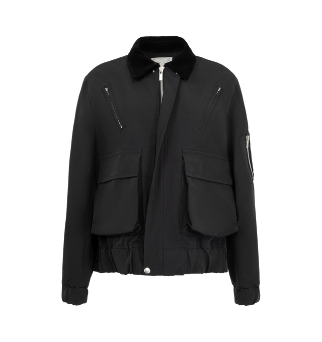Image 2 of 4 - BLACK - Sacai Women's Grosgrain Bonding Blouson Jacket features distinct oversized front flap pockets, angled chest zip pockets, a contrasting collar, and an adjustable buttoned placket overlay. Materials: Nylon Exterior; Cotton. 