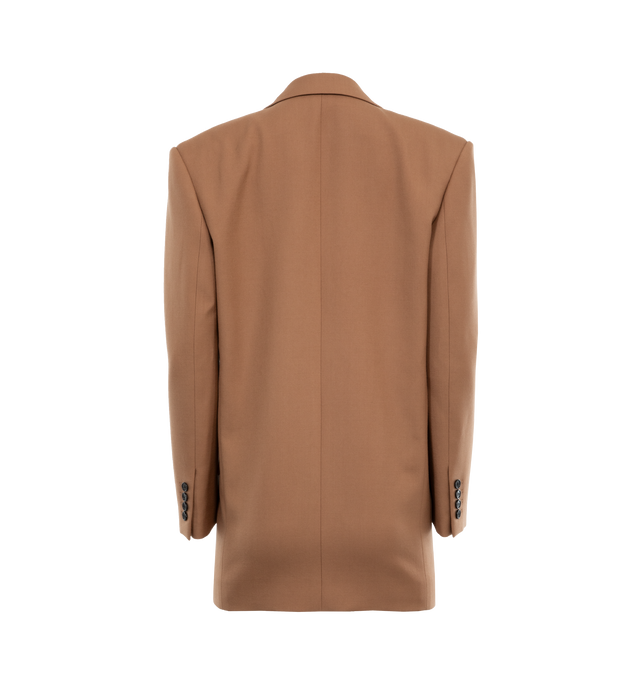 Image 2 of 3 - BROWN - SAINT LAURENT Wool Jacket featuring double breasted style, four button jacket, peaked lapel, oversized cut, padded shoulders and two inner welt pockets. 100% wool. 