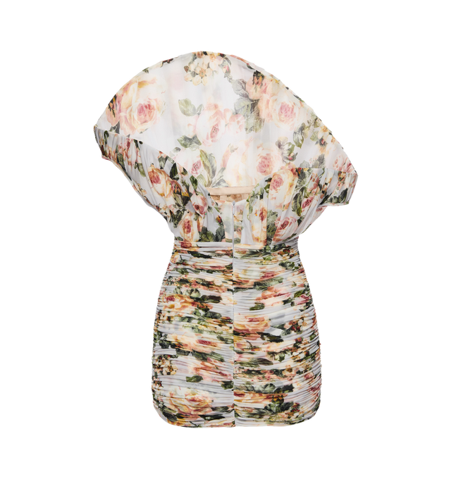 Image 2 of 2 - WHITE - MAGDA BUTRYM Fan Mini Dress in floral print featuring a sculptural mini dress with a dramatic fan-like draped front that flows into a one-shoulder silhouette, signature gathered detailing, body-hugging fit and ruching across the torso and hips. 92% cupro, 8% elastane.  