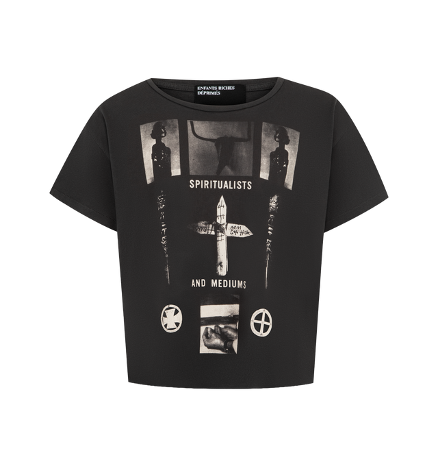 Image 1 of 2 - BLACK - ENFANTS RICHES DEPRIMES Spiritualists and Mediums T-Shirt featuring boxy, oversized fit, a rib knit neckline, single stitch hem at the waist and cuffs, printed artwork at the front and back and signature vintage wash process. 100% cotton. 