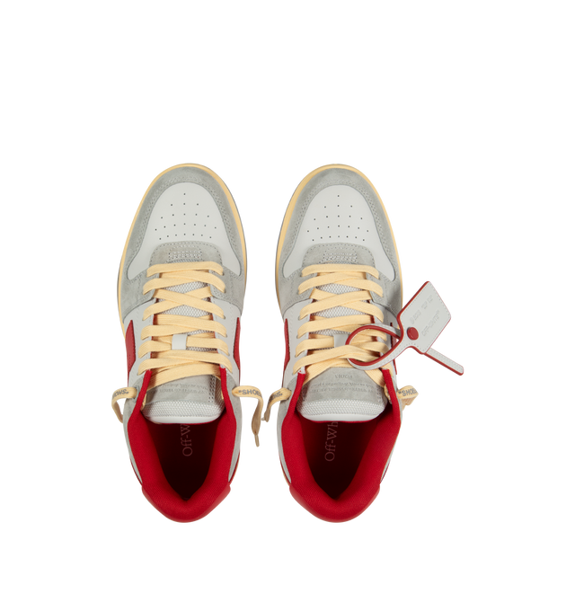 Image 5 of 5 - GREY - OFF-WHITE Out Of Office Sneaker featuring signature Zip Tie tag, signature Arrows motif, contrasting branded heel counter, logo patch at the tongue, front lace-up fastening, perforated toebox, round toe, flat rubber sole and branded insole. 89% leather, 11% recycled polyester. 