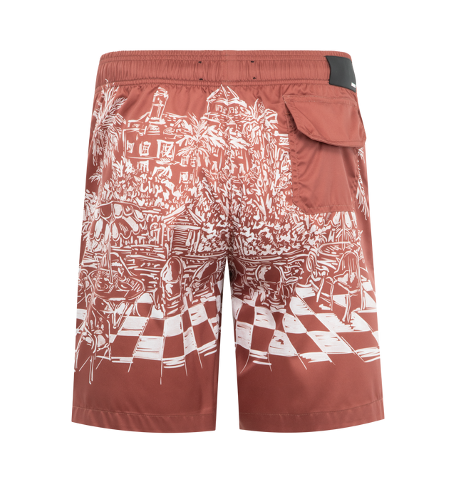 Image 2 of 3 - BROWN - AMIRI Chateau Sketch Print Swim Shorts featuring an elastic drawstring waist, printed with an allover graphic motif, relaxed-leg silhouette and drawstring closure. 100% polyester. Made in Portugal. 