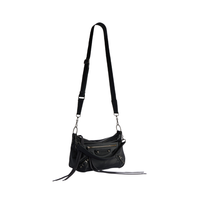 Image 4 of 5 - BLACK - BALENCIAGA Le City Moto Small Bag in black nylon, brass hardware featuring one removable shoulder strap, adjustable and removable strap, crossbody and shoulder carry, zipped closure with knotted nylon puller, front zipped pocket with knotted nylon puller, 1 main compartment, 1 inner zipped pocket and cotton canvas lining. 11" x 7.1" x 4.3". Polyamide, polyester. Made in Italy. 