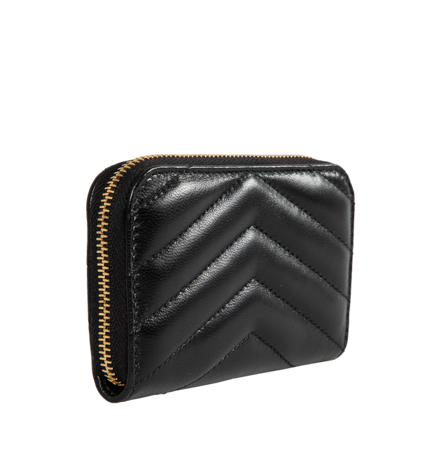 Image 2 of 3 - BLACK - Saint Laurent Cassandre matalesse coin card zip-around wallet decorated with chevron stich quilting and the Cassandre. Interior features three gusseted compartments and grosgrain lining. Measures 4.3 X 2.8 X 0.8 inches. Lambskin leather with gold-tone hardware. Made in Italy. 