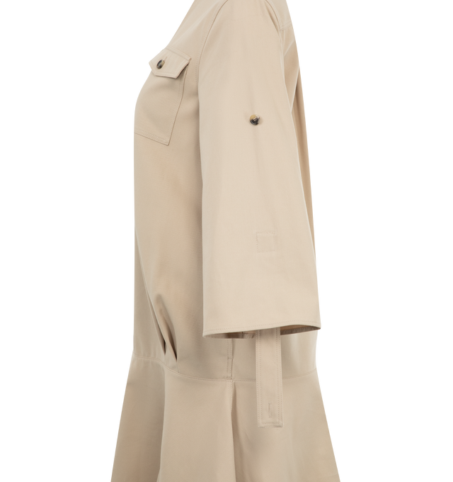 Image 3 of 3 - NEUTRAL - Loewe Women's Military shirt dress featuring stand collar, concealed button closure, button flap chest pockets, turn-up cuffs with buttoned tabs, Anagram calfskin patch, box pleat at the back and flared skirt. 100% Cotton. Made in Italy. 