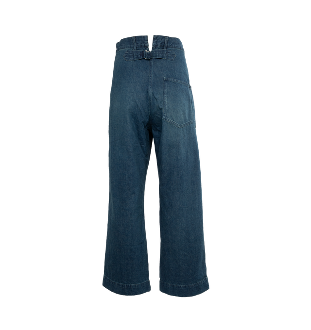 Image 2 of 4 - BLUE - Chimala IS Navy Denim Workpants in a dark wash with a loose and relaxed fit featuring slanted hip pockets, interior button closure, and a adjustable buckle and notched waist at the back. 100% cotton. Made in Japan. 