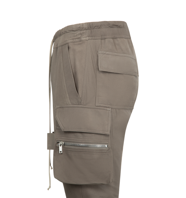 Image 3 of 3 - BROWN - RICK OWENS Mastodon Cut Cargo Pants featuring drawstring at elasticized waistband, four-pocket styling, button fly, cargo pocket at outseams, dropped inseam and rib-knit cuffs. 100% cotton. Made in Italy. 