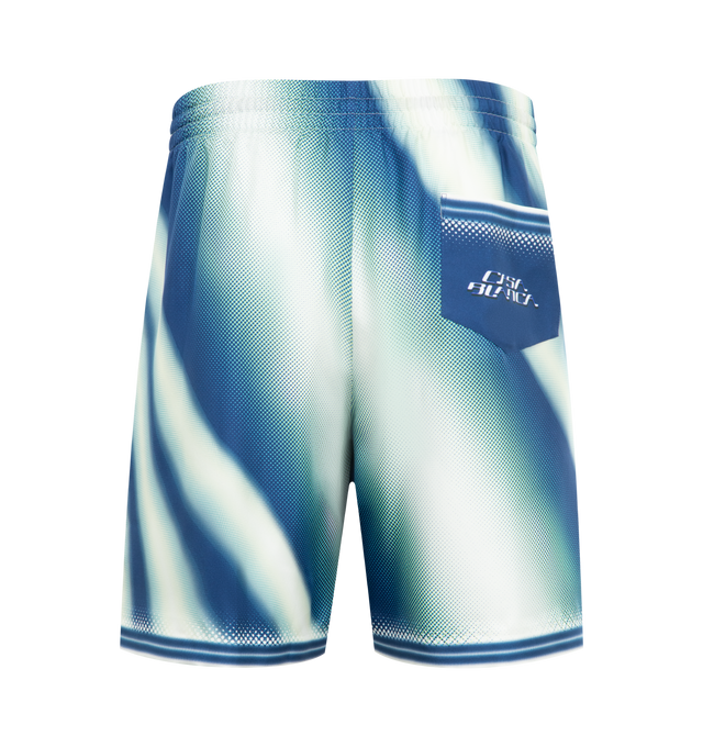 Image 2 of 3 - BLUE - CASABLANCA For The Love Of Dance Silk Shorts featuring elastic waist, front drawstring details, side pockets, back patch pocket with logo and straight hem. 100% silk. Made in Italy. 