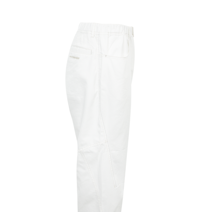 Image 3 of 3 - WHITE - AND WANDER 88 Dry Easy Denim Wide Pants featuring intricate stitching details on the legs of the pant, relaxed fit, zip fly, stretch denim with COOLMAX thread, extremely lightweight and breathable, absorbs water and dries quickly, elasticated waist, belt loops, 2 front pockets and 2 back pockets. 65% cotton, 35% polyester. Made in Japan. 