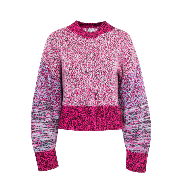 Image 1 of 2 - PINK - Loewe handcrafted multi-color pink yarn mix knit sweater crafted in medium-weight chunky wool moulin knit. Features a relaxed fit, short length, round neck, contrast collar, cuffs and hem, dropped shoulders and balloon sleeves. Made in Republic of Macedonia.