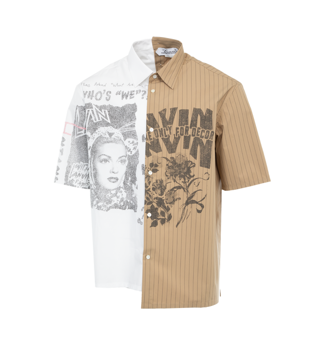 Image 1 of 3 - NEUTRAL - LANVIN LAB X FUTURE Asymmetrical Printed Shirt featuring short asymmetrical shirt in printed poplin, loose fit and asymmetrical bottom, different print on each side, fastening with mother-of-pearl buttons and short sleeves. 100% cotton woven. Made in Italy.