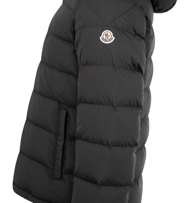 Image 3 of 3 - BLACK - MONCLER Laveraet Hooded Short Down Jacket featuring polyester lining, down-filled, adjustable hood with logo strap, zipper closure, zipped pockets and hem with drawstring fastening. 100% polyester. Padding: 90% down, 10% feather. Made in Armenia. 