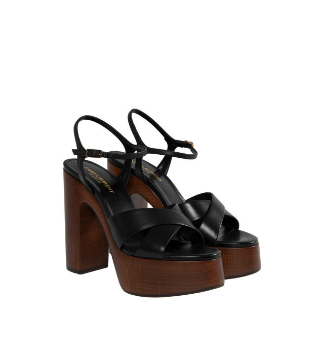 Image 2 of 4 - BLACK - SAINT LAURENT Bianca Platform Sandal featuring an adjustable ankle strap, wooden block heel and leather sole. 4.9 inches total heel height. 1.6 inch platform. 100% calfskin leather. 