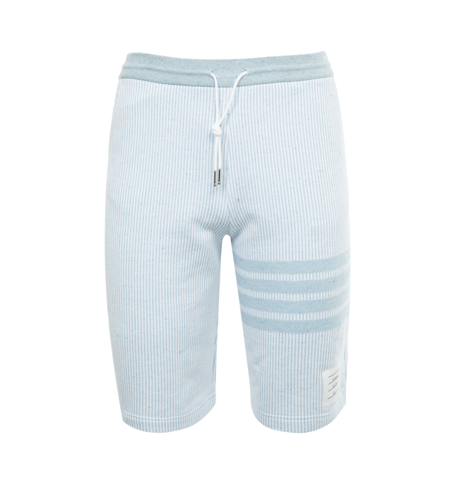 Image 1 of 3 - BLUE - THOM BROWNE Silk Flecked Sweatshorts featuring elastic waistband with drawstring, striped logo detail and two side pockets. 99% cotton, 1% silk. Made in Italy. 
