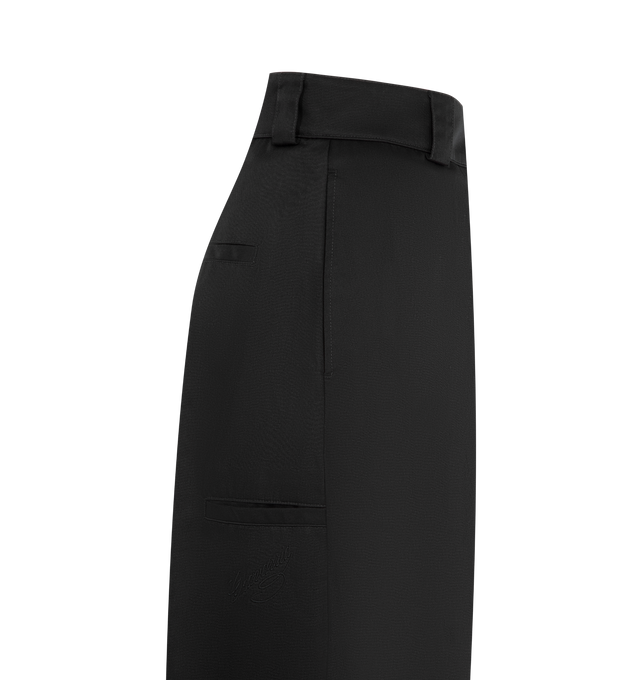 Image 3 of 3 - BLACK - WILLY CHAVARRIA Cholo Chino Trousers featuring cotton-blend twill, wide-leg, high-rise, belt loops, four-pocket styling, zip fly, creased legs and welt pocket and embroidered logo at back leg. 65% polyester, 35% cotton. Lining: 100% cotton. Made in Italy. 