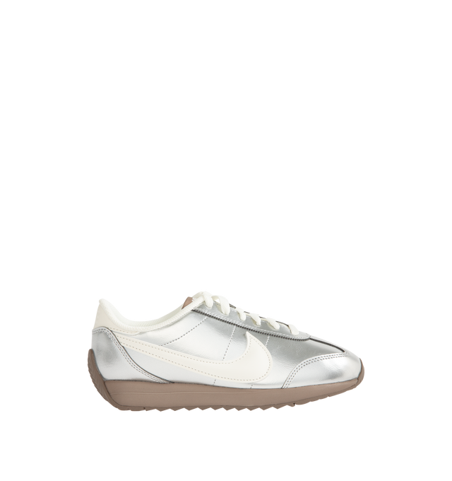 Image 1 of 5 - SILVER - NIKE Pacific Sneaker featuring synthetic leather upper with a metallic finish, wide collar opening, herringbone gum sole with flex grooves, puffed Swoosh logo and foam midsole. 