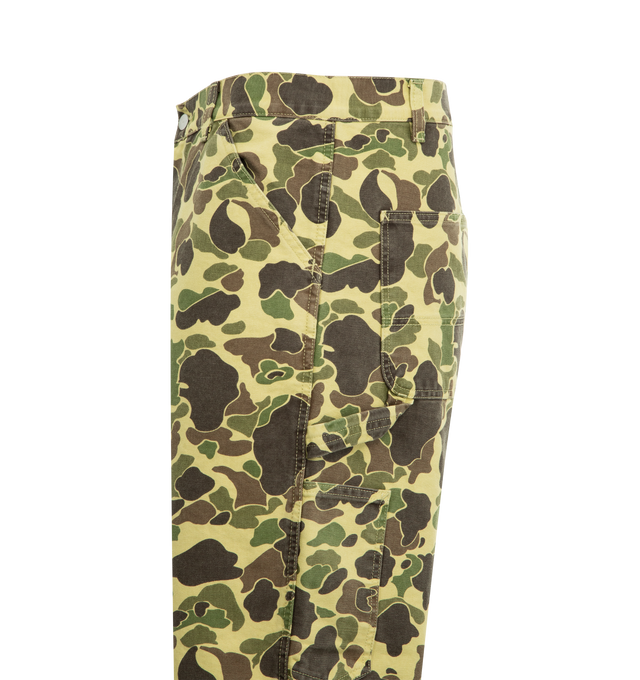 Image 3 of 3 - GREEN - CARHARTT WIP Duck Single Knee Pants featuring zip fly and button closure, relaxed tapered fit, regular waist, allover print, triple stitched, bartack stitching at vital stress points, tool pockets and hammer loop and square label. 100% cotton.  