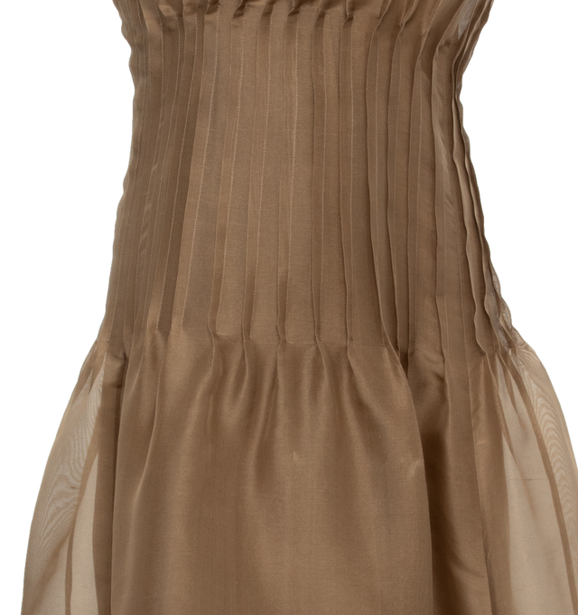 Image 3 of 3 - BROWN - KHAITE Wes Dress featuring shantung organza, sleeveless, shaped by pintuck detailing at the waist, covered buttons with grosgrain guard and includes slip. 100% silk. 