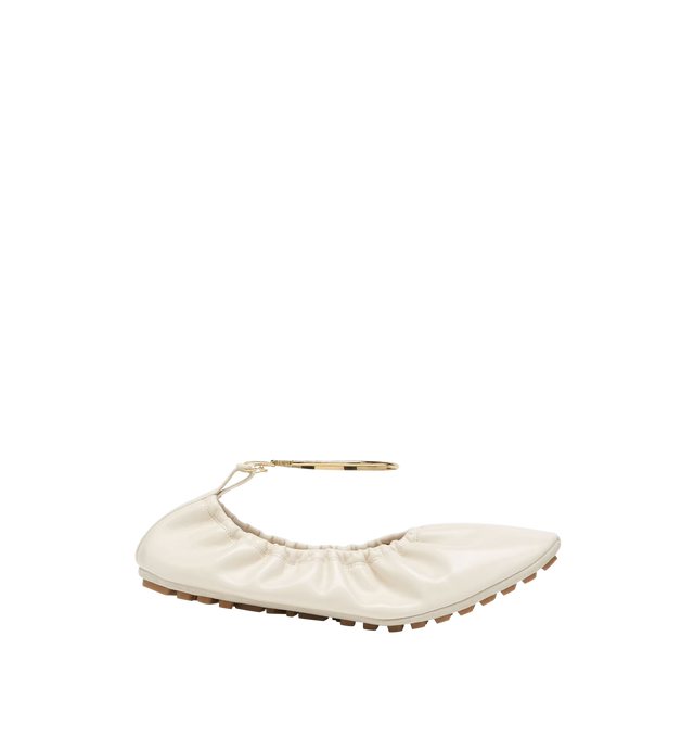 Image 1 of 2 - WHITE - FENDI Filo Ballerina Flats featuring gathered opening, metallic ankle strap, FF embellishment on the heel, suede sole with raised rubber inserts, glossy leather and gold-finish metalware. 100% calf leather. Interior: 100% lamb leather. Made in Italy. 