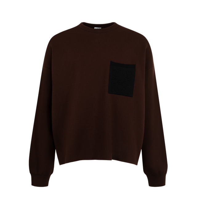 Image 1 of 2 - BROWN - Loewe Men's Anagram Pocket Sweater is crafted from a medium-weight compact cotton-blend double-face knit and features a regular-fit silhouette with a contrasting chest patch pocket. Designed with a round neckline, double-face stitch construction, ribbed collar and cuffs, and a 3D Anagram logo on the chest pocket that highlights the house's signature branding. Main Material: Cotton Blend. Made in Italy. 