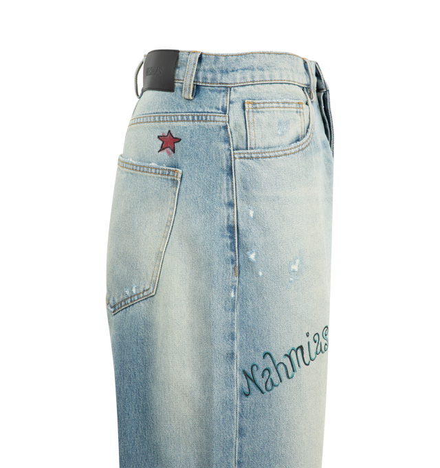 Image 3 of 3 - BLUE - NAHMIAS Bandaid Baggy Jeans featuring five pocket styling, baggy fit, embroidery throughout, distressing and hole in the knee. 100% cotton.  