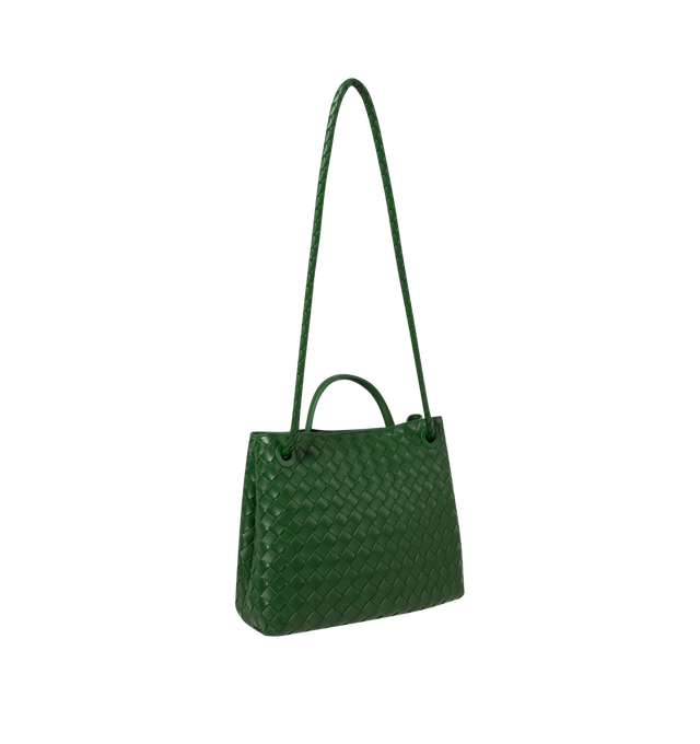 Image 3 of 4 - GREEN - BOTTEGA VENETA Andiamo Bag featuring top handle bag in supple Intrecciato leather with signature knot detail, sliding cross-body strap, compartmented interior with one zippered pocket, two open pockets and magnetic closure. 9.8 x 12.6 x 4.3. Lambskin. Made in Italy. This item may be restricted for online purchase to international clients. For assistance purchasing this item please contact our dedicated stylist team at personalshopping@hirshleifers.com. 