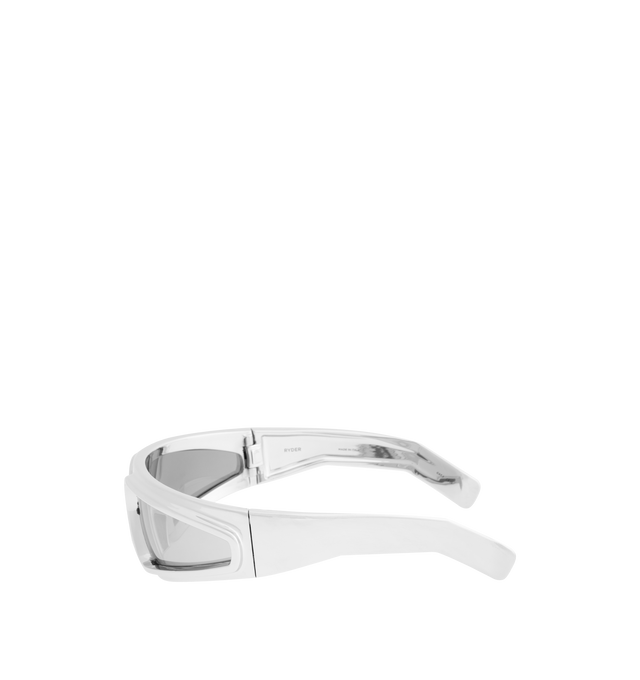 Image 2 of 3 - SILVER - RICK OWENS Ryder Sunglasses featuring wraparound frames, bold straight eyebrow ridge, deep set lenses edged with a thick protruding frame and thick angled arms with logo on inside right. 100% UV protection. Nylon. Made in Italy. 