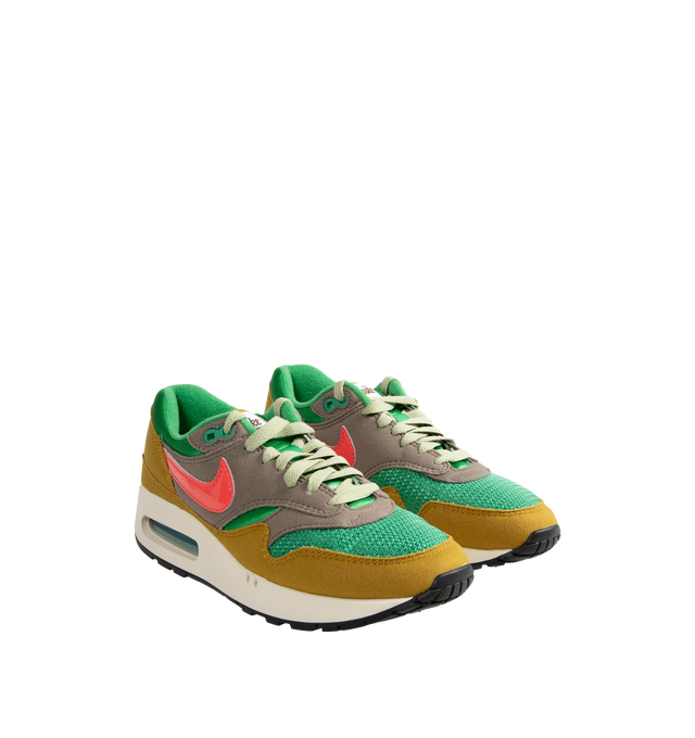 Image 2 of 5 - MULTI - NIKE AIR MAX 1 lace-up sneakers in classic green, ember glow and olive green featuring a padded, low-cut collar, wavy mudguard and pill-shaped Nike Air window and rubber outsole gives you durable traction. 