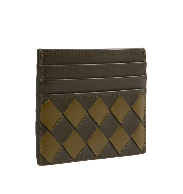 Image 2 of 3 - BROWN - Bottega Veneta Leather Intrecciato Portacard has 6 card slots, 1 central pocket, and an Intrecciato leather design. 100% calfskin. H3.1 x W3.1 x D0.5 inches. Lined. 100% calfskin. Made in Italy.  