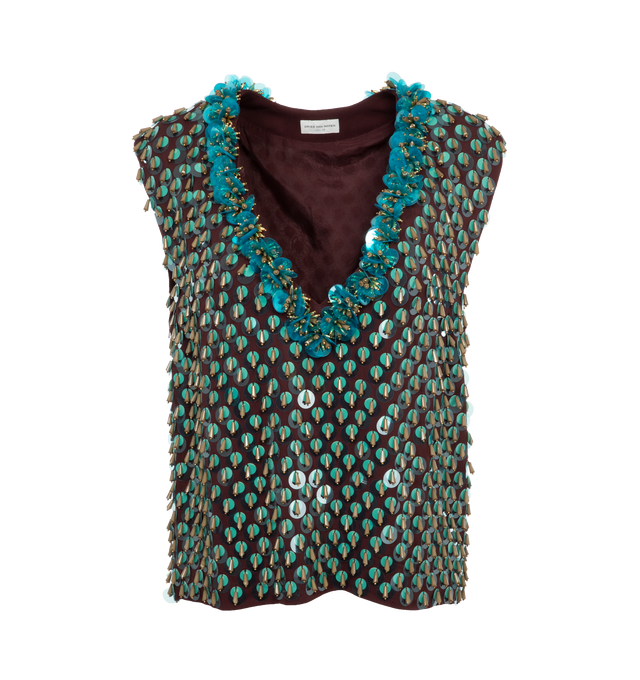 BLUE - DRIES VAN NOTEN Embellished Top featuring deep v neckline with 3D jewel embroidery and dangling sequins throughout. 100% polyester. Made in India.