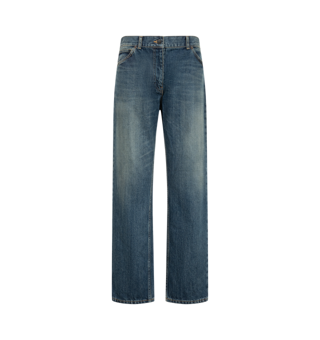 Image 1 of 3 - BLUE - The Row Women's Dinni Jeans are crafted from Japanese cotton denim and feature a mid-rise waist, a relaxed straight-leg silhouette, and a vintage-inspired wash designed to evolve with wear over time. Cut to a full length that lightly grazes the heel, this everyday style combines classic proportions with the brand's understated approach to denim. Main Material: 100% Cotton.  