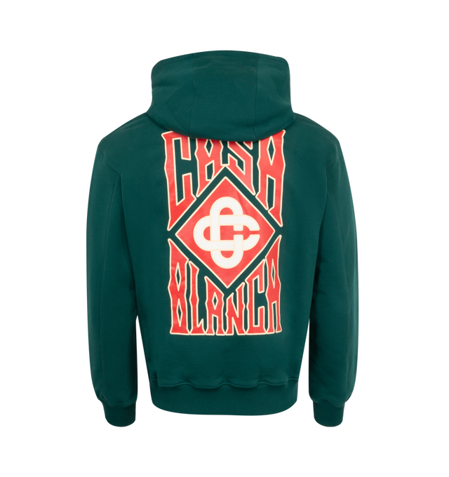 Image 2 of 2 - GREEN - Casablanca Gothic Stacked Logo Hoodie has an attached drawing hood, a geometric motif and text on the front, a kangaroo pocket, and ribbed trims. 100% cotton.  Made in Portugal. 