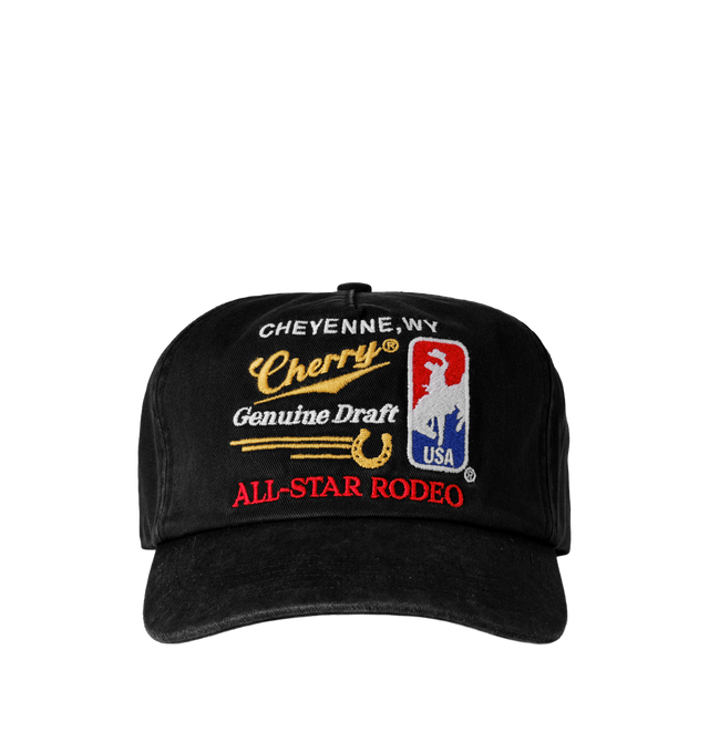 Image 1 of 5 - BLACK - Cherry LA Men's All-Star Rodeo 5 Panel Hat is crafted from cotton and features a classic five-panel silhouette with embroidered detailing at the front and back. Designed with a branded flag tab at the back and an adjustable plastic snap closure, this everyday cap blends Western-inspired graphics with signature Cherry LA styling. Main Material: Cotton.  