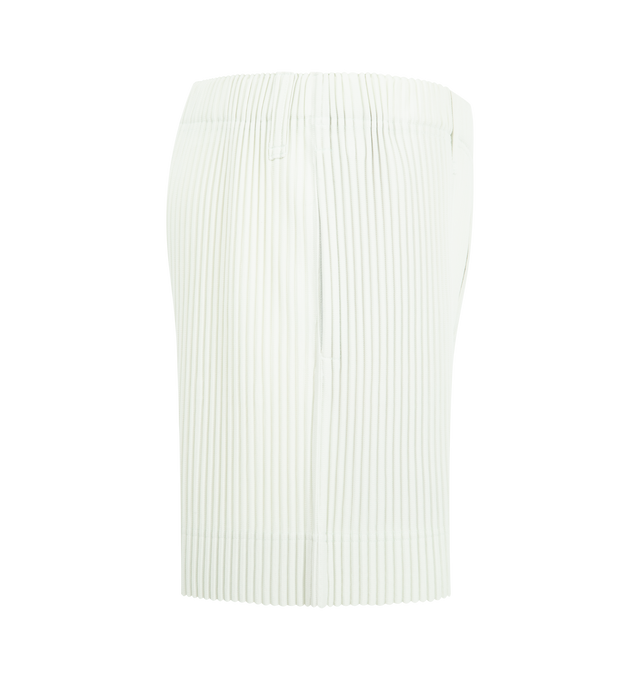 Image 3 of 3 - GREEN - Issey Miyake Men's shorts designed for portability and lightweight comfort, with the quick-drying properties unique to polyester. Featuring elastic waist with belt loops, pockets on both sides and button-fly design. 100% Polyester. Made in The Philippines. 