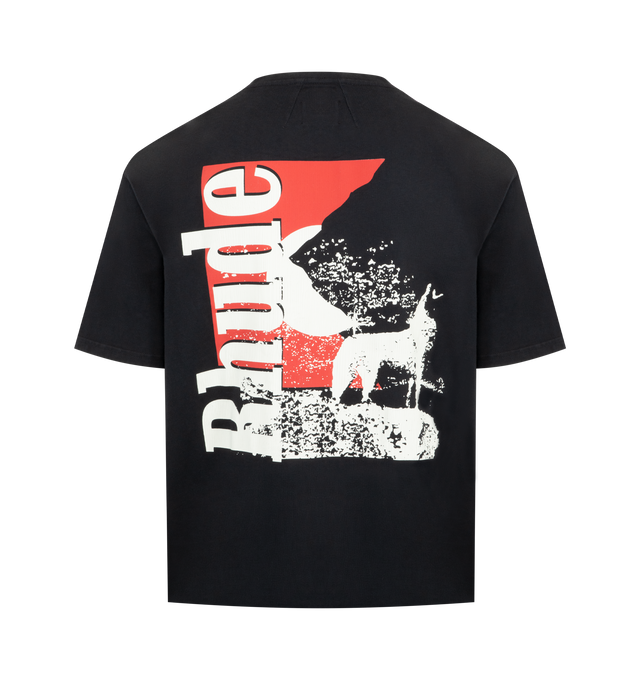 Image 2 of 2 - BLACK - RHUDE Moonlight Wolf Pocket T-shirt featuring patch pocket with logo on front, graphic print on back, jersey cotton, crewneck, short sleeves and pulls over. 100% cotton. Made in USA. 