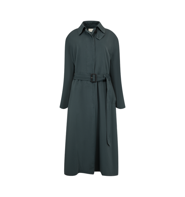 Image 1 of 3 - GREEN - The Row women's single-breasted car coat in washed cotton with oversized fit, slant welt pockets, concealed front placket with wooden buttons, and removable belt with leather buckle. 100% Cotton fully lined in 100% Cotton. Made in Italy. 