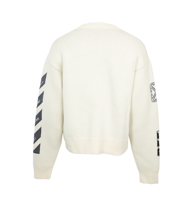 WHITE - OFF-WHITE Moon Varsity Knit Cardigan featuring v-neck, drop-shoulders, long sleeves, rib-knit trim and button-front closure. 55% wool, 41% cotton, 4% polyamide. Made in Italy.