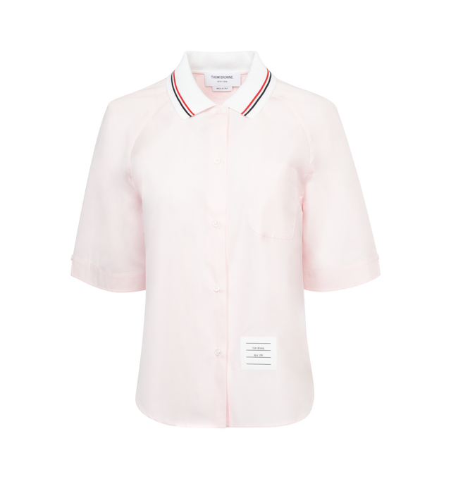 PINK - THOM BROWNE essential poplin shirt crafted from crisp cotton poplin with meticulous tailoring and signature nametag applique.  Featuring front button closure, pleated back yoke, and signature striped grosgrain loop tab. 100% Cotton.