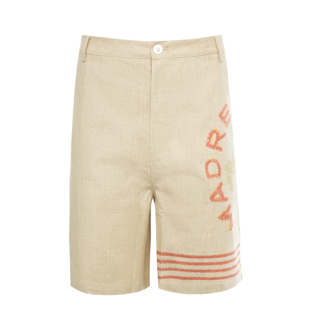 Image 1 of 3 - NEUTRAL - UNTITLED ARTWORKS Resort Shorts Fruits featuring belt loops, button zip closure, side and back pockets and print on leg. 