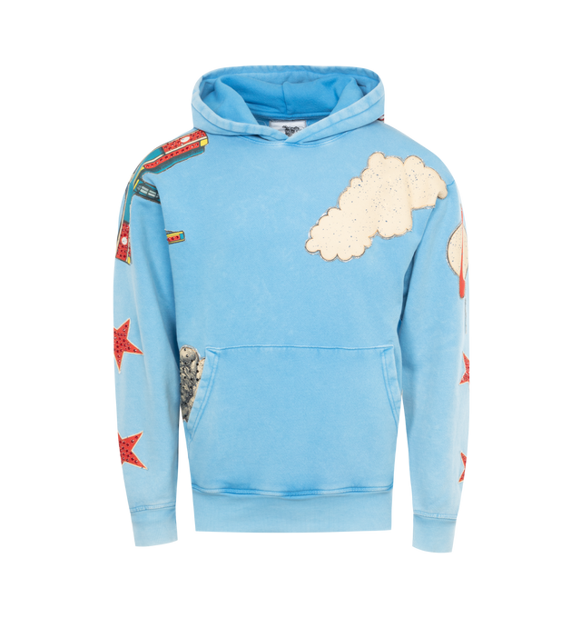 Image 1 of 3 - BLUE - COUT DE LA LIBERTE Killian Airplane Stoned Hoodie featuring multiple appliqus, pouch pocket, long sleeve, banded cuffs and hem, hood and pullover style. 100% cotton. 