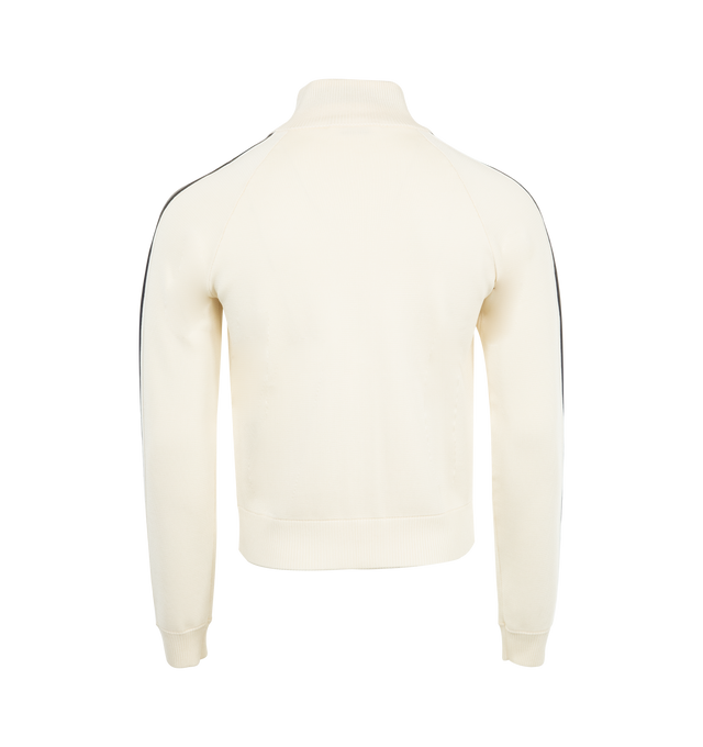 Image 2 of 3 - WHITE - Wales Bonner Tide Track Jacket featuring knit viscose-blend, rib-knit stand collar, hem, and cuffs, zip closure, logo embroidered at chest, welt pockets and stripes at raglan sleeves. 75% viscose, 23% polyester, 2% nylon. Made in China. 