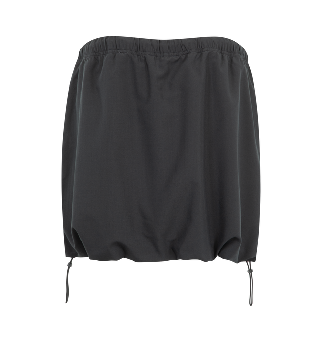 Image 2 of 3 - BLACK - The Fear Of God Essentials Women's Micro Skirt is crafted from a silk stretch blend for elevated comfort. This mini silhouette features an encased elastic waistband with bungee drawcords and adjustable toggles at the waist and hem. Materials: 69% Polyester, 19% Silk, 8% Wool, 4% Spandex. 