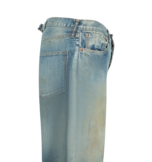 Image 3 of 3 - BLUE - A.Presse Men's Wide Denim Trousers are crafted from 100% cotton denim and feature a relaxed wide-leg silhouette enhanced by a washed treatment for a distinctive lived-in character. Designed with classic denim construction, the trousers develop unique variations in appearance, texture, and sizing through the specialized washing process. Finished with iron tack buttons that naturally evolve with wear, this style reflects A.Presse's commitment to authentic vintage-inspired craftsmanship.  