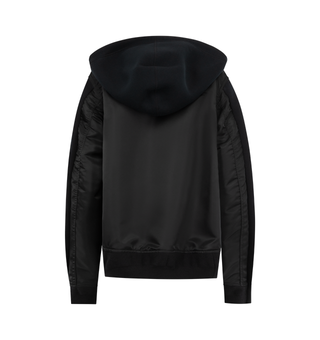 Image 2 of 3 - BLACK - SACAI Sponge Sweat x Nylon Twill Hoodie featuring a cotton-blend jersey bodice, zip-up design, technical sleeve-like details, two-way zipped front, kangaroo pocket and drawstring hood. 62% cotton, 38% polyester. 100% nylon. 100% cotton. Made in Japan.   
