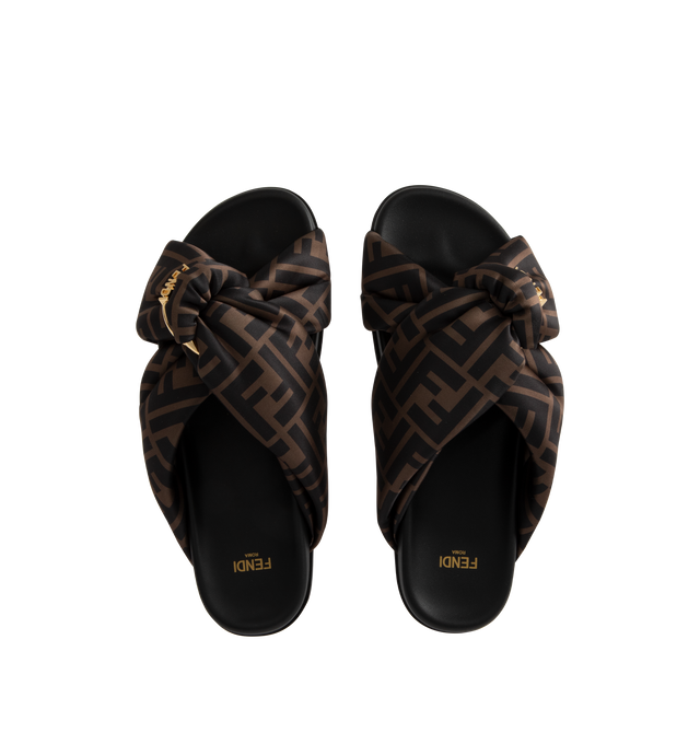 Image 4 of 4 - BROWN - FENDI Feel Satin Slides featuring padded double-band flat slides with decorative D-ring buckle with three-dimensional Fendi lettering. Made of satin with the iconic FF motif in shades of brown. Black leather insole and edges. Gold-finish metalware.Made in Italy. 