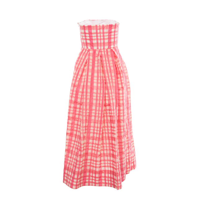 Image 2 of 4 - PINK - ROSIE ASSOULIN Oh Oh Livia's Dress featuring boned bodice, pleated waist and full skirt, gingham plaid pattern, strapless, hook-and-eye and hidden zip at side and on-seam hip pockets. 40% polyester, 32% polyamide, 28% cotton. 