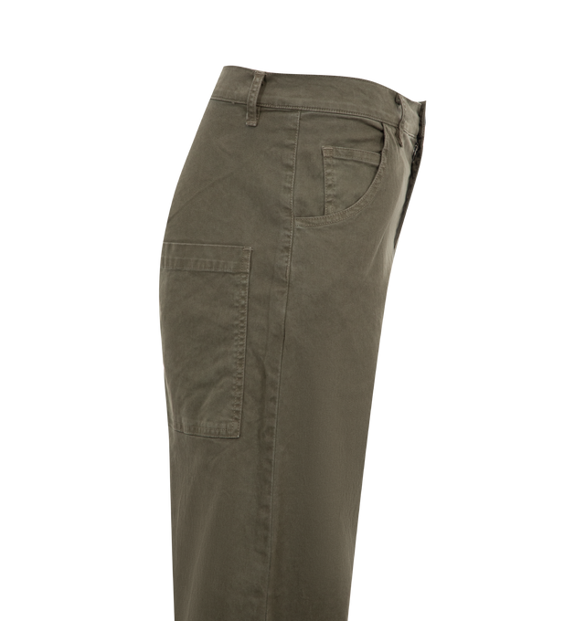 Image 3 of 3 - GREEN - Nili Lotan Emerson Pants have a mid-rise with a relaxed fit, a curved silhouette, knee seams, inseam gussets, front slash pockets, back patch pockets, and belt loops. 98% cotton, 2% elastane. Made in USA.  